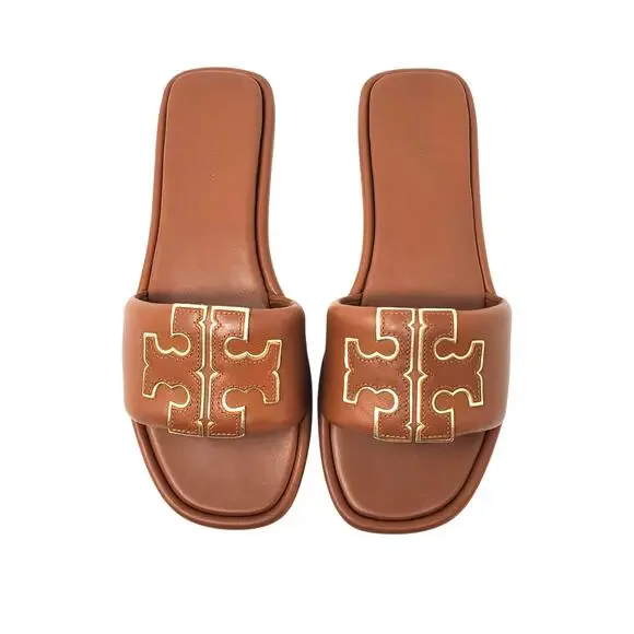 Tory Burch Double T Sport Slide Sandal Leather Bourbon Miele Gold 79985 Size 8.5 - Picture 3 of 10